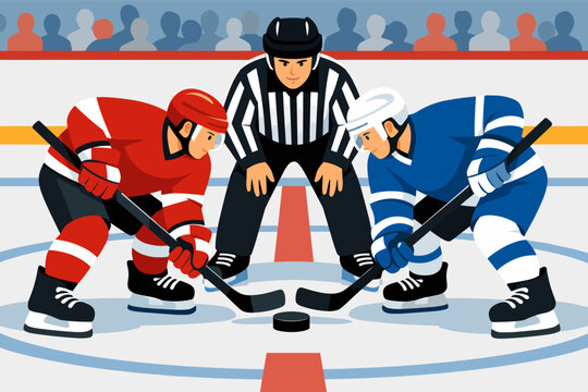 Flat vector illustration of an intense ice hockey face-off between two players in red and blue uniforms with a referee in a striped jersey at center ice in a stadium with a blurred crowd.