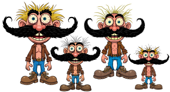 Funny cartoon man with giant mustache vector, crazy character with big eyes and messy hair, humorous biker mascot set in different sizes