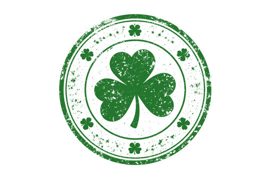 Vintage Green St. Patrick's Day Rubber Stamp with Shamrock Clover Icon and Distressed Grunge Texture. Circular Seal for Irish Holiday Celebrations and Luck. Flat Vector Illustration Design.