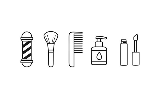 Beauty and Grooming Icon Set Featuring Barber Pole, Makeup Brush, Hair Comb, Moisturizer Pump Bottle, and Lip Gloss Applicator. Minimalist Outline Vector Illustration for Salon and Spa Design.