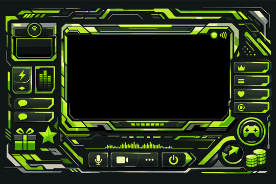 Cyberpunk Acid Green Twitch Stream Overlay with Futuristic HUD Elements, Gaming UI Panels, Webcam Frame, and Live Broadcast Screen. Y2K Tech Graphics for Esports, Gaming, and Online Streaming.