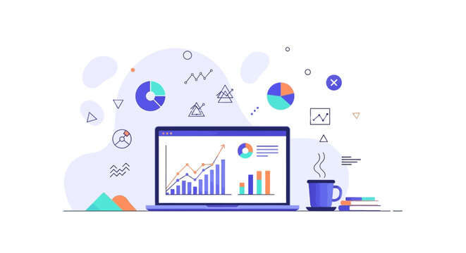 Business analytics on a laptop screen with office supplies and charts