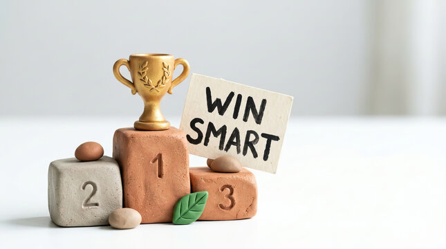 Clay miniature trophy with podium blocks and Win Smart sign, symbolizing achievement and success in creative and motivational setting