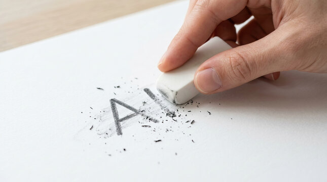 Hand erasing word with white eraser on paper, close up of fingers removing black pencil letters, concept of correction, mistake, or change in writing or drawing