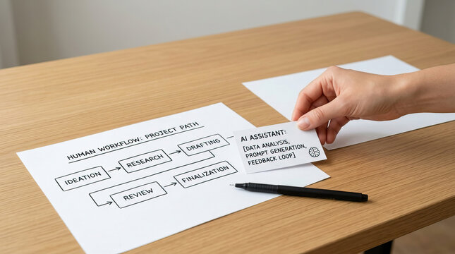 Human workflow project path diagram with AI assistant card showing data analysis, prompt generation, and feedback loop on wooden table with hand and pen