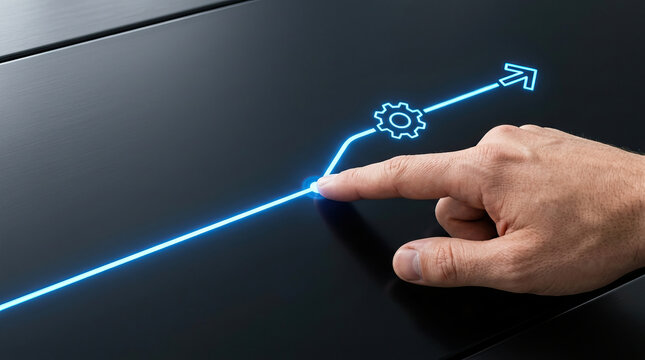 Hand pointing activates glowing blue arrow with gear icon symbolizing progress and technology on black surface, representing innovation and growth in business and digital concepts
