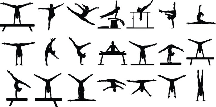 Gymnast Silhouette Collection Featuring Various Poses, Stunts, and Balance Beam, Rings, and Bar Exercises