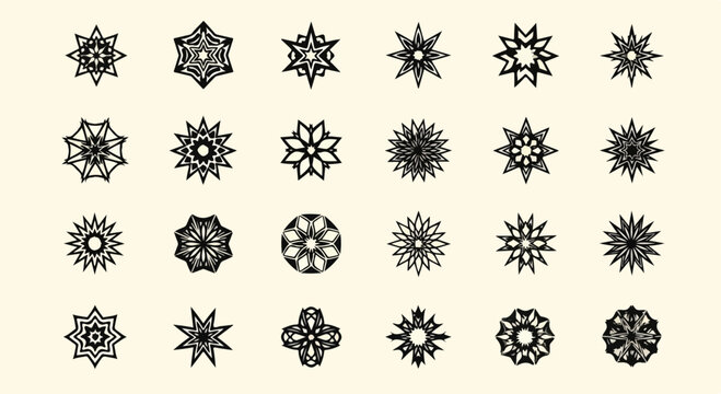 Collection of intricate geometric snowflake ornaments and mandala designs in black and white on a cream background