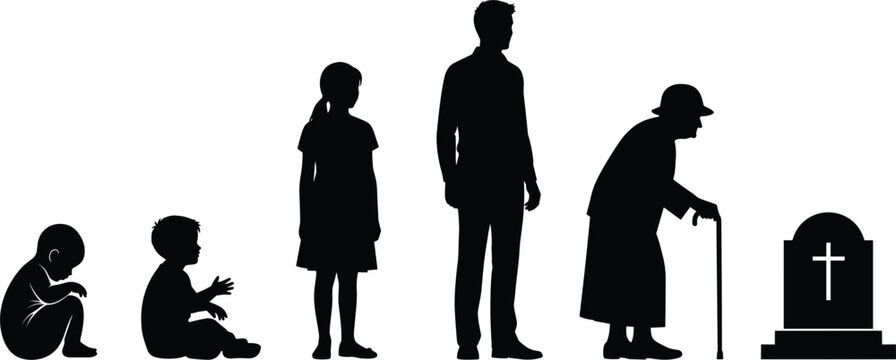 Human Life Cycle Silhouette Series from Childhood to Old Age, Including Death and Gravestone Symbol