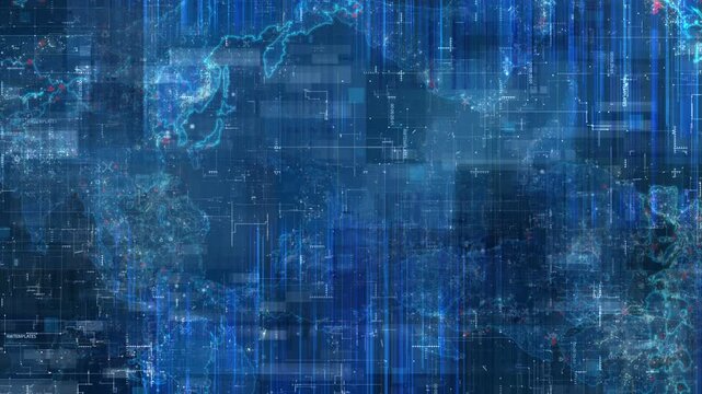 Abstract digital world map background with streaming data and cyber network technology visual effects.