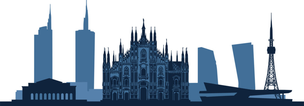 Milan Italy City Skyline Silhouette Vector Illustration with Duomo Cathedral Pirelli Tower and Torre Velasca for Travel and Architecture Design