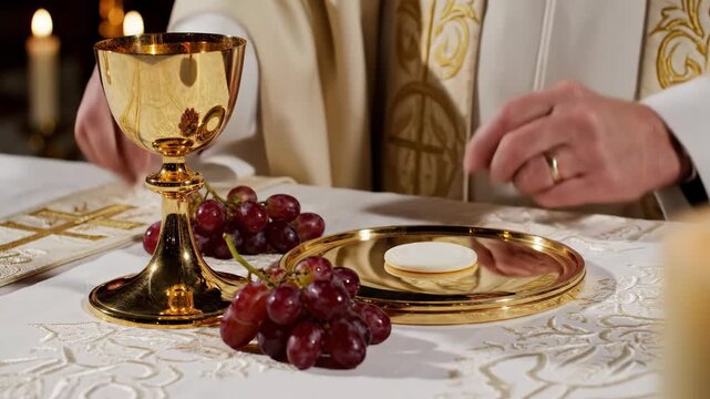 Priest prepares communion host on paten with chalice and grapes during a religious service on a white altar with a burning candle.