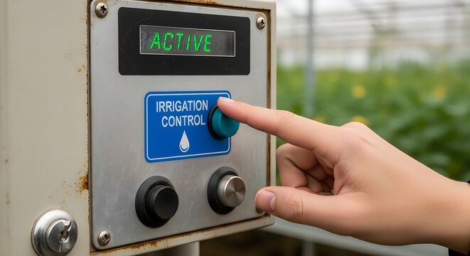 Person's hand presses a blue button on an irrigation control panel displaying the word ACTIVE