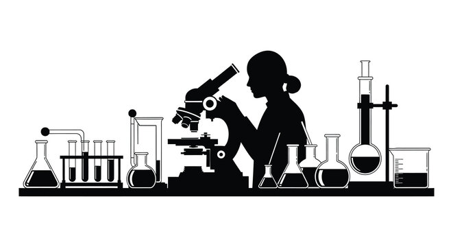 scientist working in laboratory with microscope and chemicals silhouette high quality