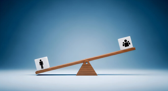 Seesaw balancing one person against three person symbolizing inequality or imbalance in representation