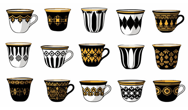 Decorative Arabic coffee cups vector collection with Lebanese traditional patterns and ornamental designs