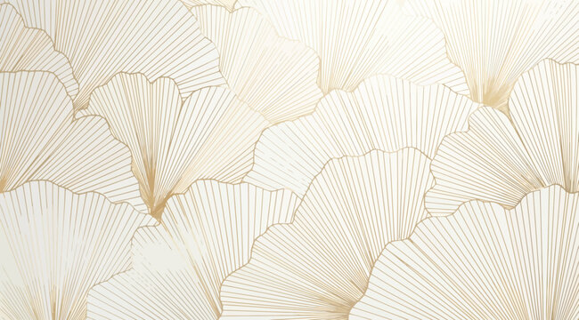 Golden ginkgo biloba leaves line art pattern