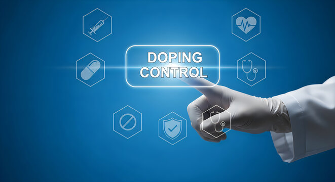 Medical professional's gloved hand touches glowing screen displaying doping control and text