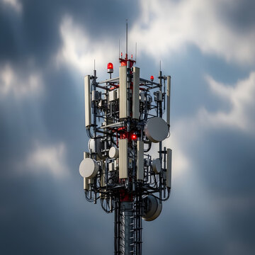 Modern cellular telecommunications tower with multiple antennas, dishes, and red warning lights against cloudy blue sky. 5G mobile network infrastructure for wireless communication and connectivity