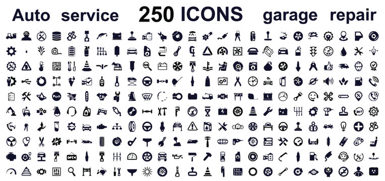 Collection of 250 auto service and garage repair icons with service station car repair auto parts vehicle maintenance icon library service symbols