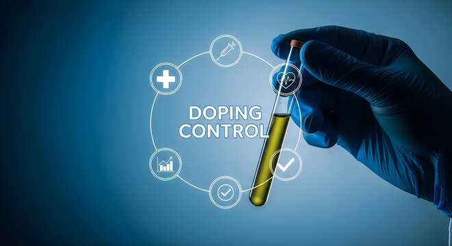 Hand in blue glove holding test tube with yellow liquid surrounded by doping control