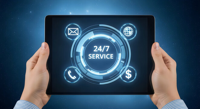 Hands holding tablet displaying 24/7 service for customer support and global communication