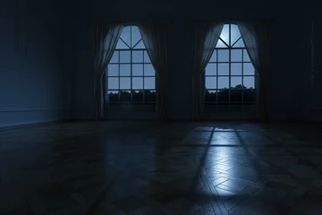 3d Rendering of a classic spacious living room with paneling walls and aged versailles parquet in the moonlight © Brilliant Eye