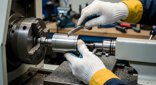 Skilled machinist precisely shaping metal on a lathe machine with safety gloves