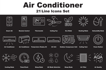 Fototapeta premium Air Conditioner Line Icon Set, Minimal Vector Outline HVAC Illustrations for Smart Home App, AC Remote Control Interface, Heating, Cooling, and Climate UI Design.