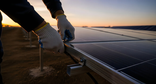 Worker installing solar panels at sunset for renewable energy generation