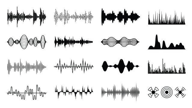 Collection of diverse sound waveform graphics with sound wave waveform illustration technology frequency amplitude vibration oscillation