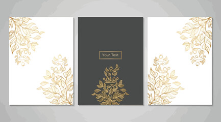 Set of three luxury greeting card templates with golden botanical elements and dark backgrounds © S.Siam