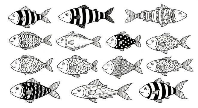 Variety of fish with different patterns.