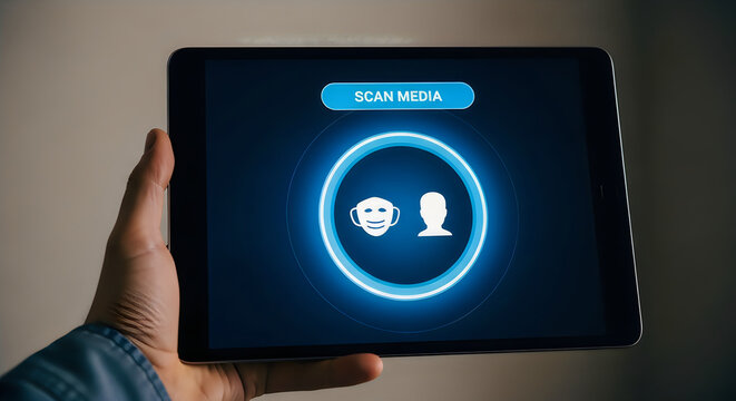Tablet screen displaying a facial recognition scan with a smiling face and silhouette