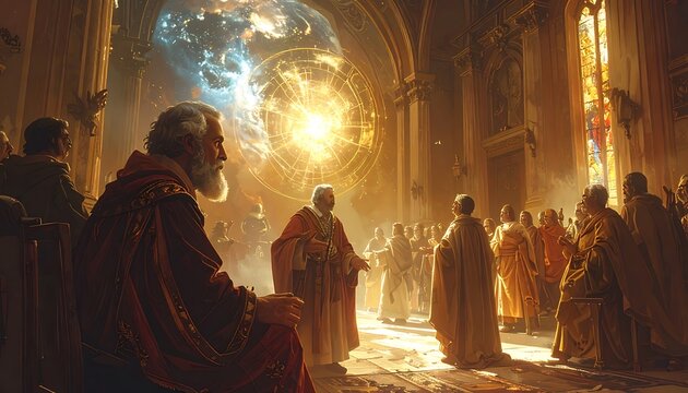 Monks inside a cathedral watch a portal opening to space
