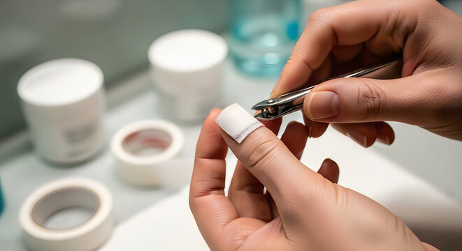 Close up of hands using cuticle nippers to trim fingernails with cotton pads and tape in background