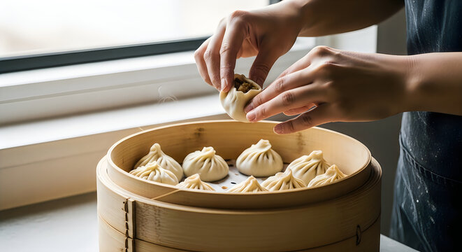 Hands placing a steamed dumpling into a bamboo steamer basket filled with other dumplings