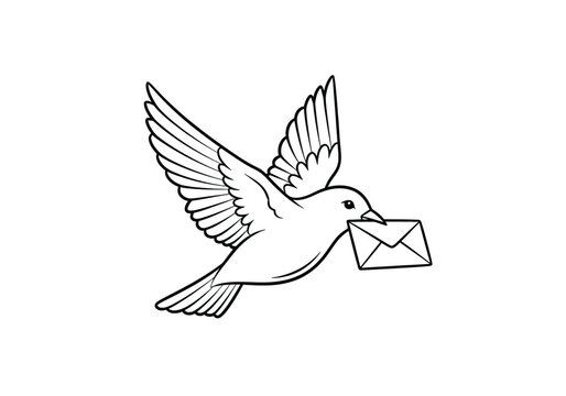 Flying pigeon delivering a letter envelope line art