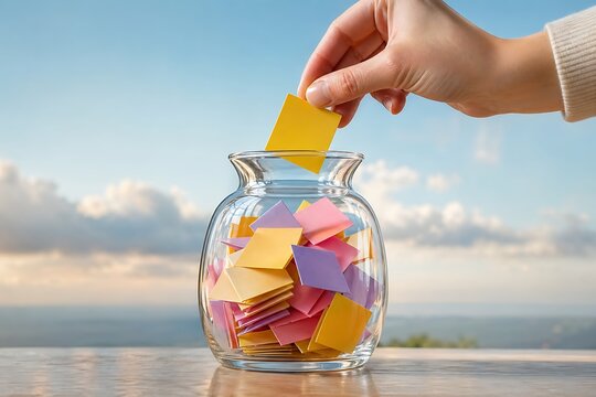 hand dropping colorful paper notes into glass savings jar outdoors with mountain view