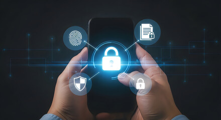 Naklejka premium Hands holding smartphone displaying glowing padlock and security for digital protection