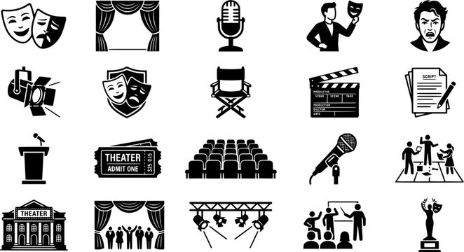 Collection of theatrical and performancerelated icons including comedy and tragedy masks, stage curtains, vintage microphone, a singing woman, and a spotlight for event promotion and