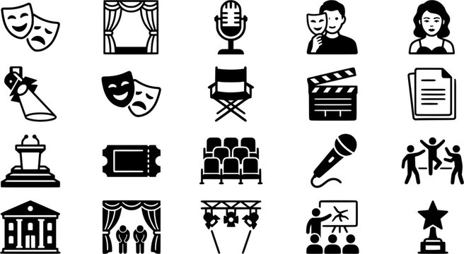 Collection of theatrical and performancerelated icons including comedy and tragedy masks, stage curtains, vintage microphone, a singing woman, and a spotlight for event promotion and