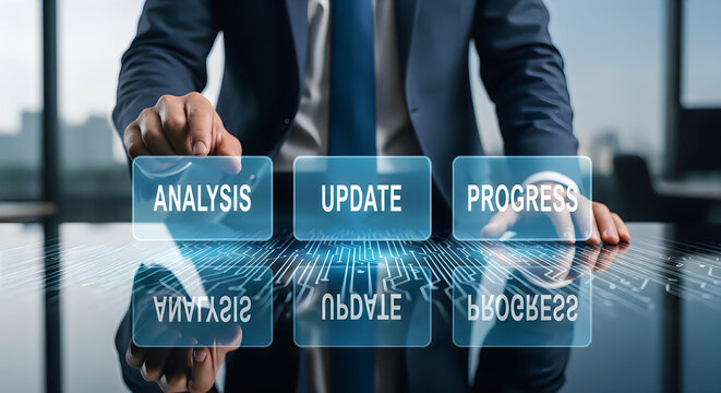Businessman touching glowing buttons labeled ANALYSIS, UPDATE, PROGRESS on a futuristic interface with circuit board reflection