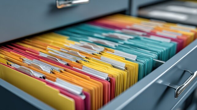 Close-up of an open filing cabinet drawer filled with colorful hanging file folders for document organization and archiving