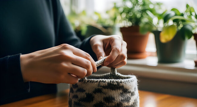 Person's hands in a dark sweater knitting a patterned basket with a handle near a sunlit window with potted plants