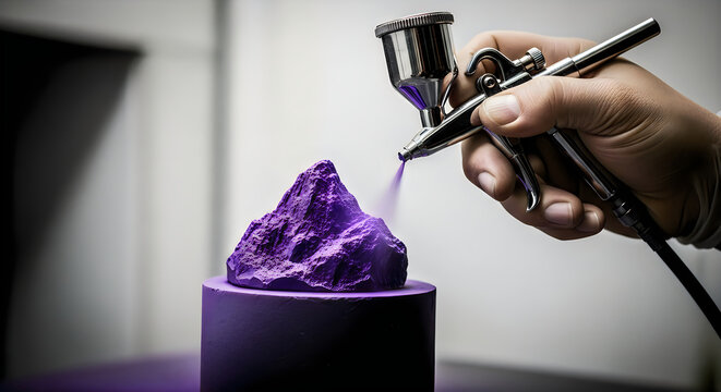 Artist using an airbrush to apply vibrant purple paint to a textured