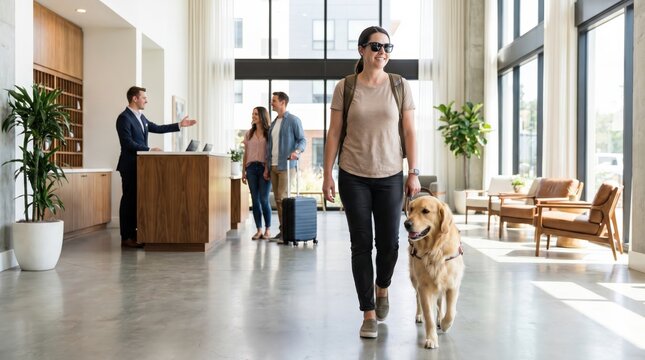 Blind Woman with Guide Dog Entering Modern Office Building Lobby for Inclusive Workplace Accessibility