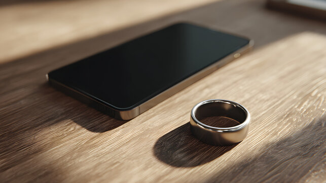 Smart ring and smartphone mockup with blank screen for health data tracking, biohacking concept