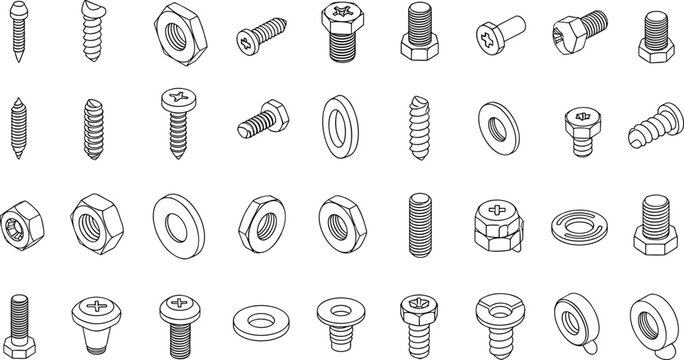 Industrial fasteners vector set with bolts screws nuts washers and rivets in technical line art style isolated on white