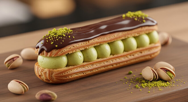 Gourmet Pistachio Eclair with Chocolate Glaze and Fresh Pistachios